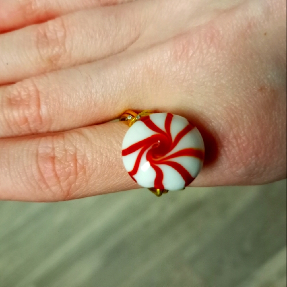 Hand crafted red peppermint Christmas gold wire wrap ring
